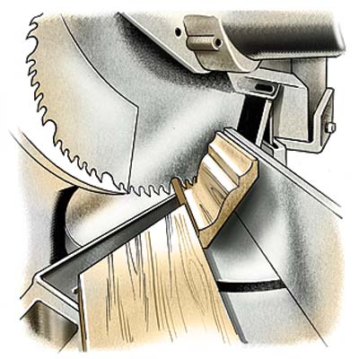 illustration of hands cutting crown molding with miter saw