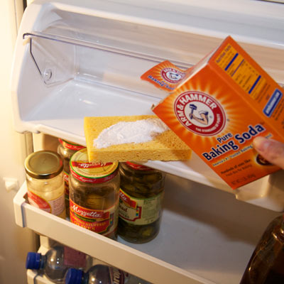 sponge sprinkled with baking soda to deodorize refrigerator