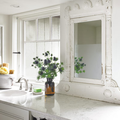 Bathroom with salvaged mirror