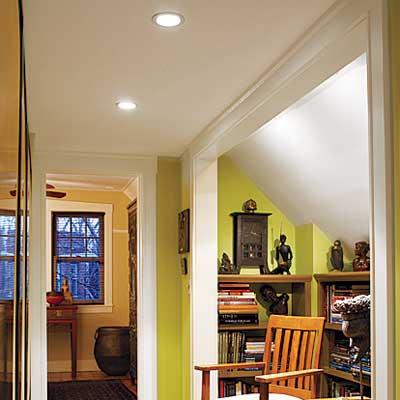 recessed LED fixtures in this refinished attic 