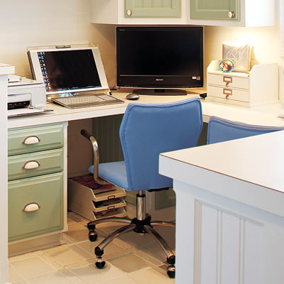 home office laundry room with custom desk