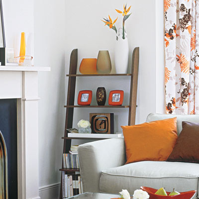 refined rustic living room with ladder shelf