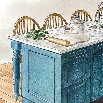 an illustration of pizza dough and roller on top of a marble-slab countertop