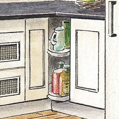 an illustration of a lazy-susan corner cabinet