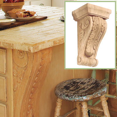 Decorative corbel along this salvage kitchen island 