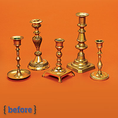 different types of brass candlesticks before a spray paint makeover