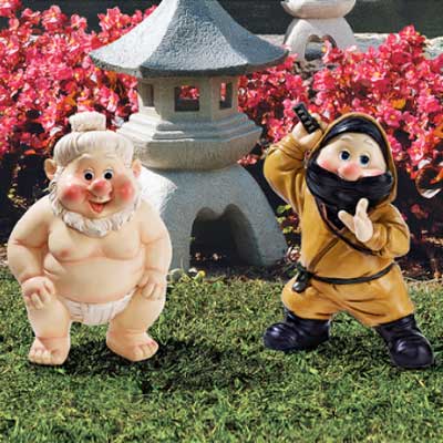 sumo wrestler and ninja garden gnomes as one of the wackiest yard and garden products
