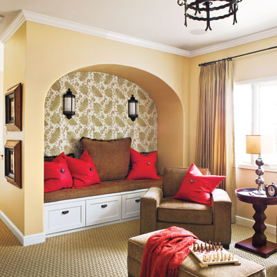 Living area with a wallpapered alcove