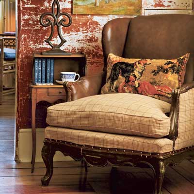 Corner nook and salvaged chair in this Orlando colonial home