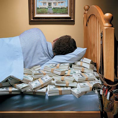 man sleeping with money in bed