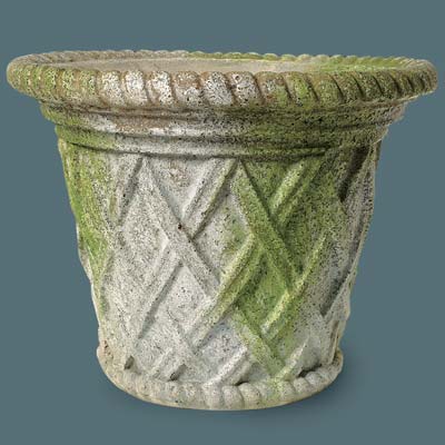 faux stone urn with a lattice weave design