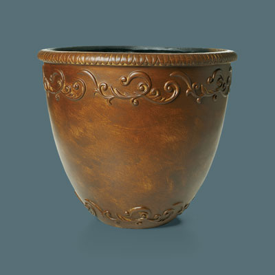 faux stone urn with scroll designs
