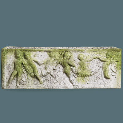 shallow faux stone urn with a cherub frieze design