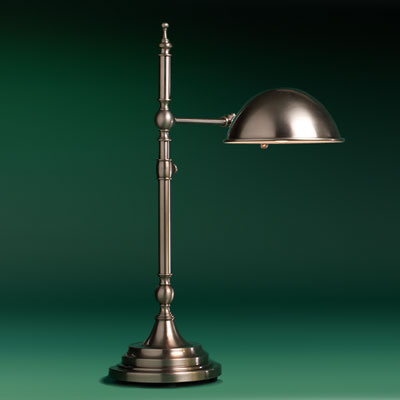 a brass, antiqued-nickel finish pharmacy lamp with double-jointed arm