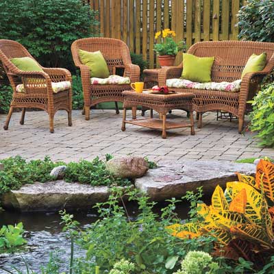 outdoor garden with patio furniture set