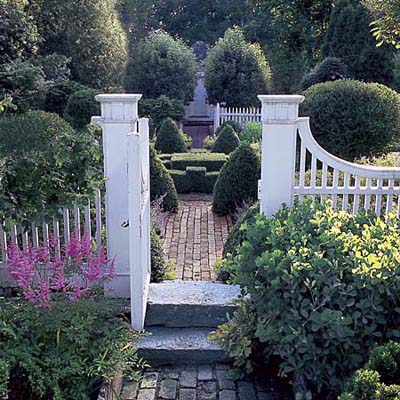 gate and brick pathway in Litchfield, Connecticut, garden