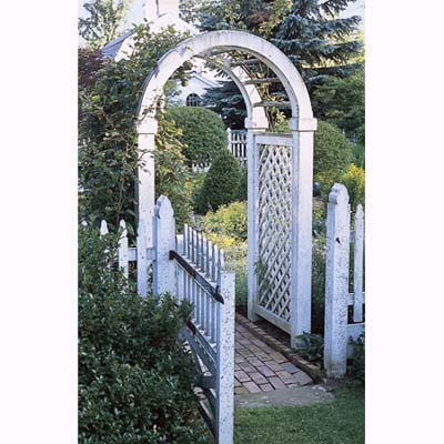 climbing roses on arched arbor in Litchfield, Connecticut, garden