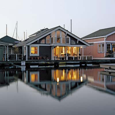 exterior of the renovated houseboat on Seattle's Lake Union