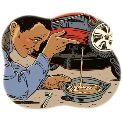 illustration of a man draining oil from his lawmower