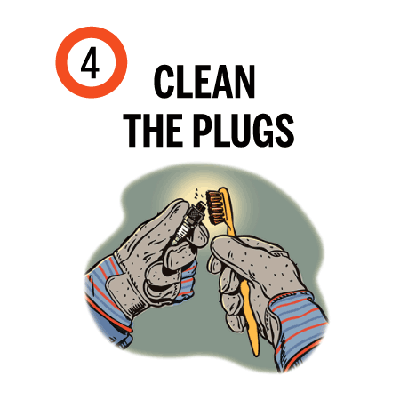 illustration of hands brushing a spark plug with a metal wire brush