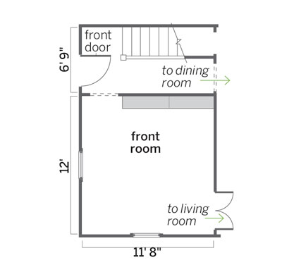 floorplan before this home office upgrade with desk area, built-in bookshelves, and powder room