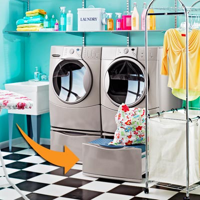 a washer with built-in pedestal/drawers, blue walls