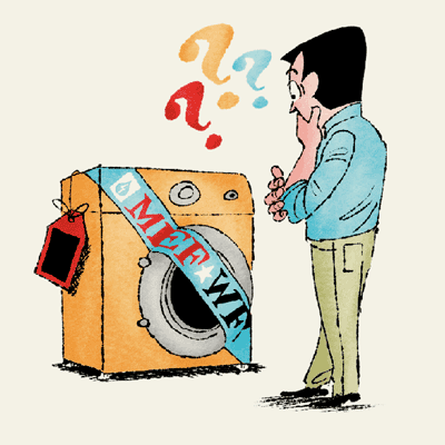 illustration of man staring at a washer with large label that says MEF and WF on it