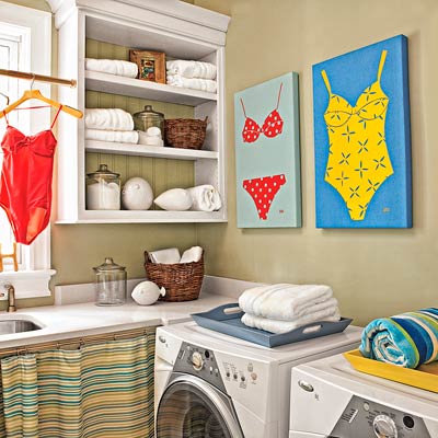 open shelving in a laundry room, red bathing suit hanging