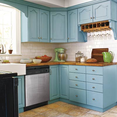 kitchen with blue cabinets