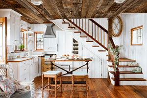 coastal cottage kitchen with wood plank walls, vintage-style details, built-ins and wood floors