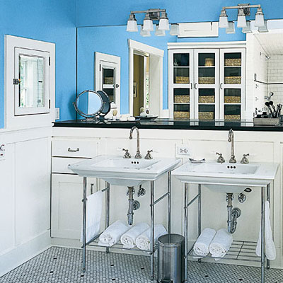 country bathroom with blue walls and double sinks
