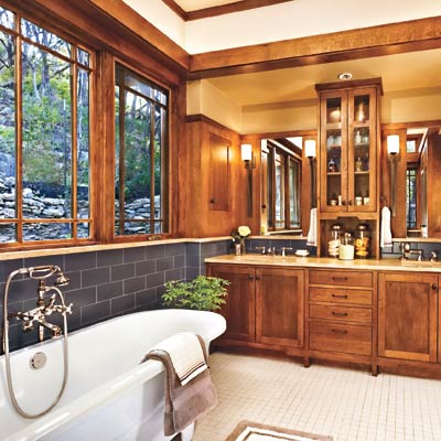Craftsman style bathroom with clerestory windows and Prairie-style casement 