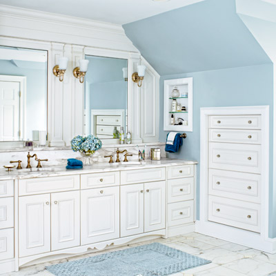master bath with built-in dressers 