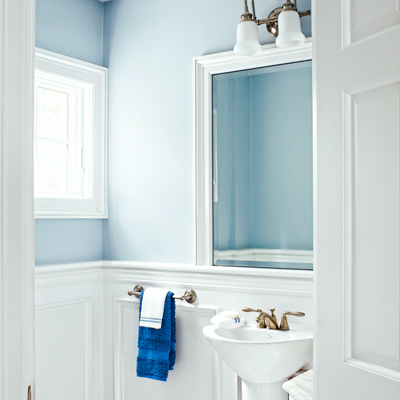 toilet closet with sink, mirror and wainscoting