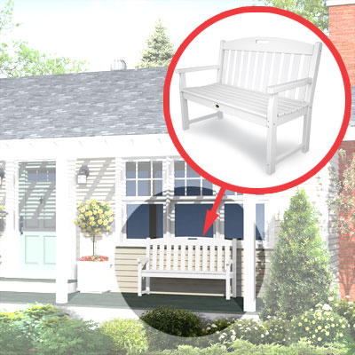 detail of porch bench from a Photoshop remodel with inset of porch bench from Trex