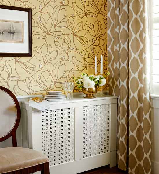 radiator covered with wood and used as a buffet