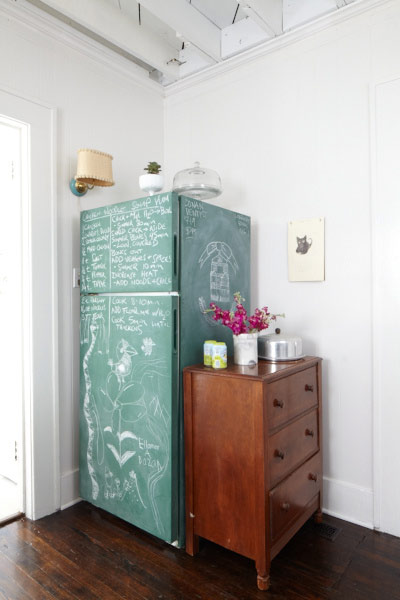 kitchen with fridge covered in chalkboard paint 