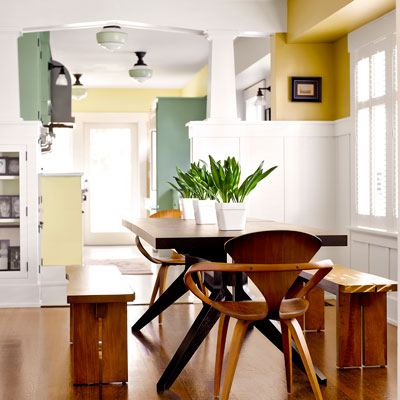 1918 craftsman bungalow after remodel dining room with columned half-walls 
