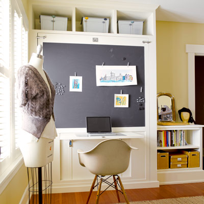 1918 craftsman bungalow after remodel fold-up guest bed and a flip-up desk with magnetic blackboard