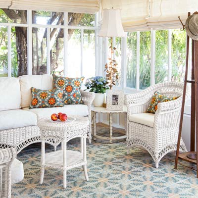 bungalow house sunroom with reclaimed tile from France