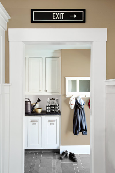 mudroom of remodeled Craftsman with custom cabinetry