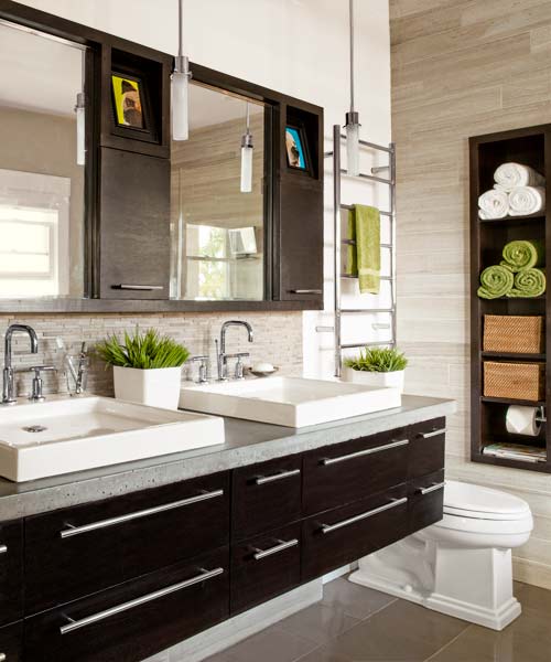 master bath of remodeled Craftsman with limestone tile walls and quartzite tile floors