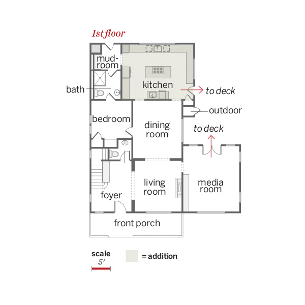 first floor plan of remodeled Craftsman with addition