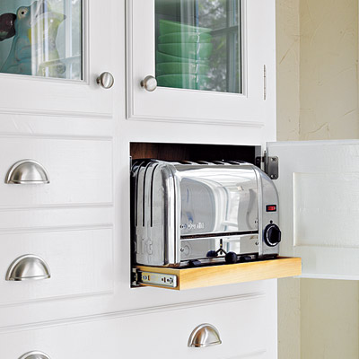 Toaster cubby in cabinet with rollout shelf