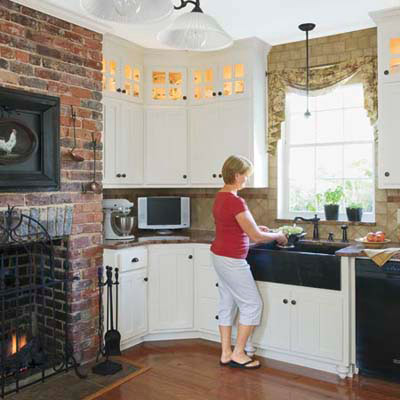 exposed brick cottage-style kitchen 