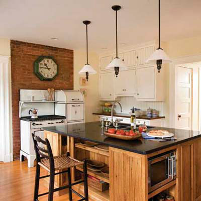open shelf reclaimed wood panel cottage-style kitchen