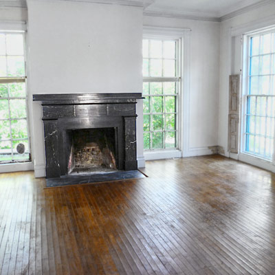 save this old house april 2012 calais, maine, downstairs parlor with original wood floor and black marble mantelpiece