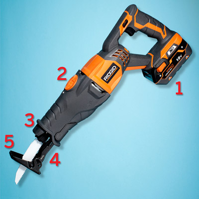 a Ridgid cordless reciprocating saw with call-out numbers