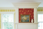 living room with fireplace with dentil molding and Georgian-style crown molding trim