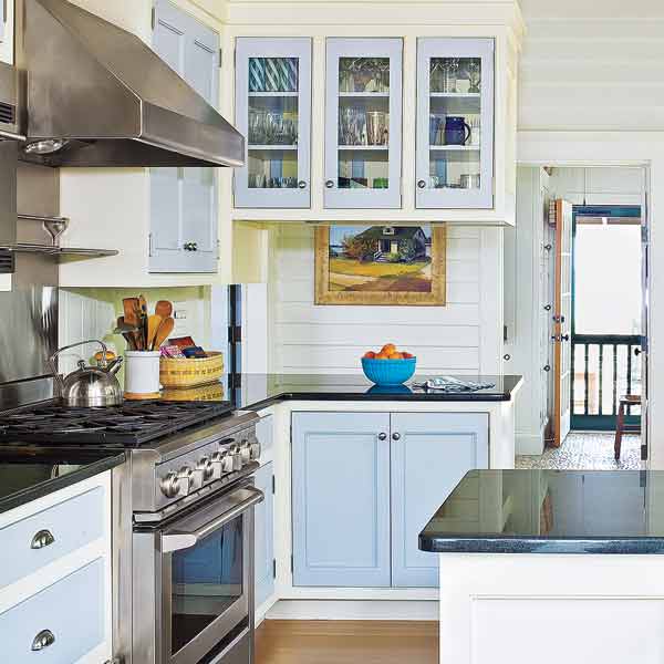 cottage style kitchen with light blue accents